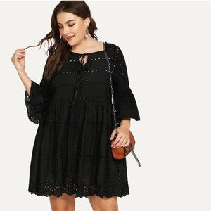 Plus Size Eyelet Embroidery Tied Neck Smock Dress